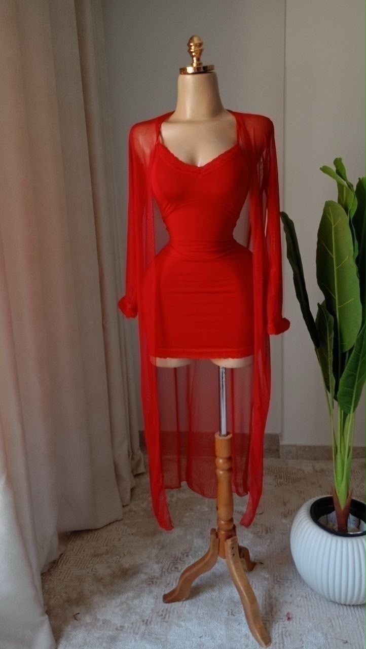 Women’s Red Mesh Bodycon Mini Dress with Long Sheer Robe