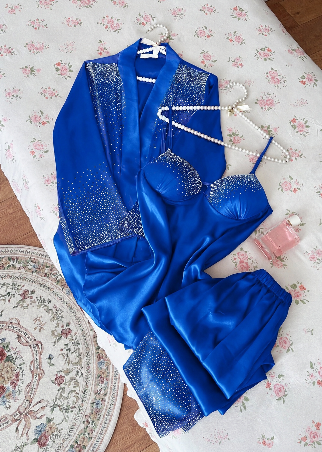 Women’s Royal Satin Rhinestone 3-Piece Pajama Set with Robe