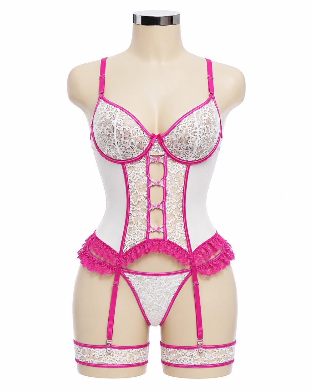 Women’s White & Fuchsia Lace Corset Lingerie Set with Garter Straps