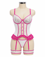 Women’s White & Fuchsia Lace Corset Lingerie Set with Garter Straps