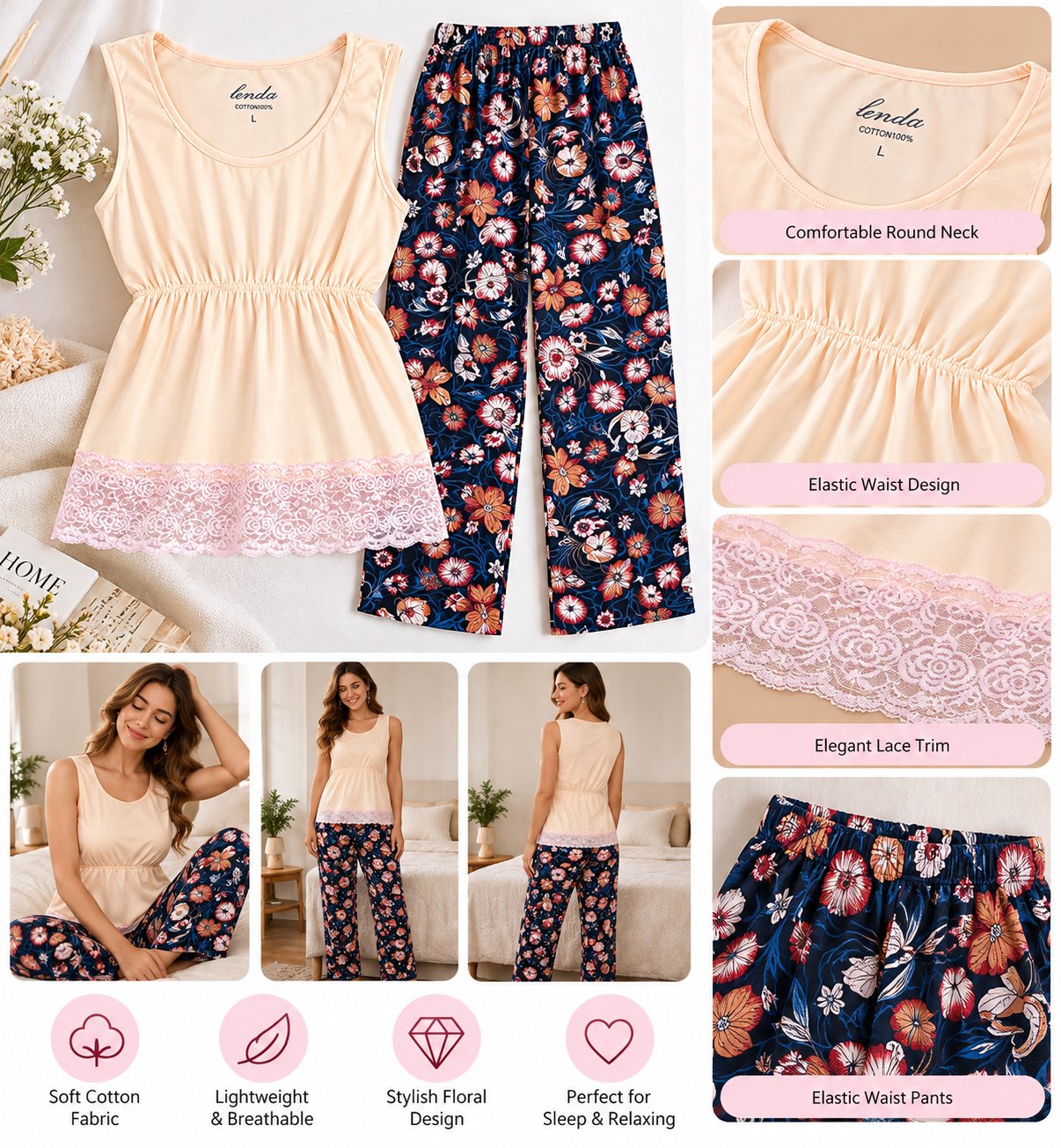 Floral Pajama Set with Lace Trim Sleeveless Top & Printed Shorts