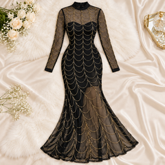 Black Sheer Mesh Maxi Lingerie Dress with Gold Chain Detail