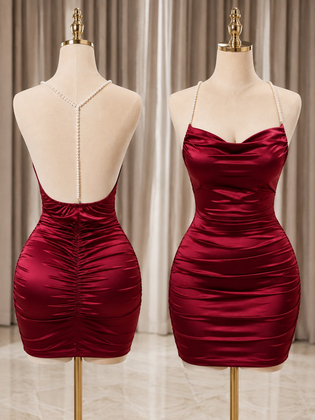Women's Satin Ruched Bodycon Mini Dress with Pearl Straps