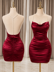 Women's Satin Ruched Bodycon Mini Dress with Pearl Straps
