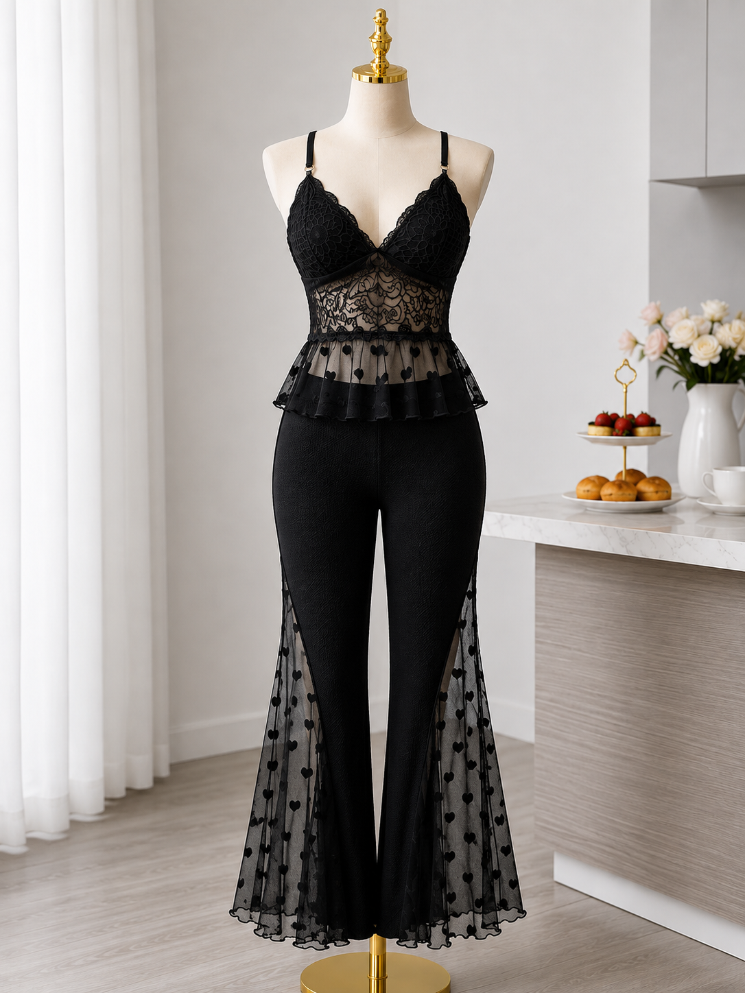 Women's Lace Cami & Sheer Mesh Flared Pants Pajama Set