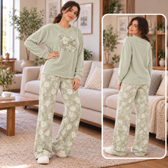 Light Sage Green Floral Sweatshirt & Wide Leg Pajama Set