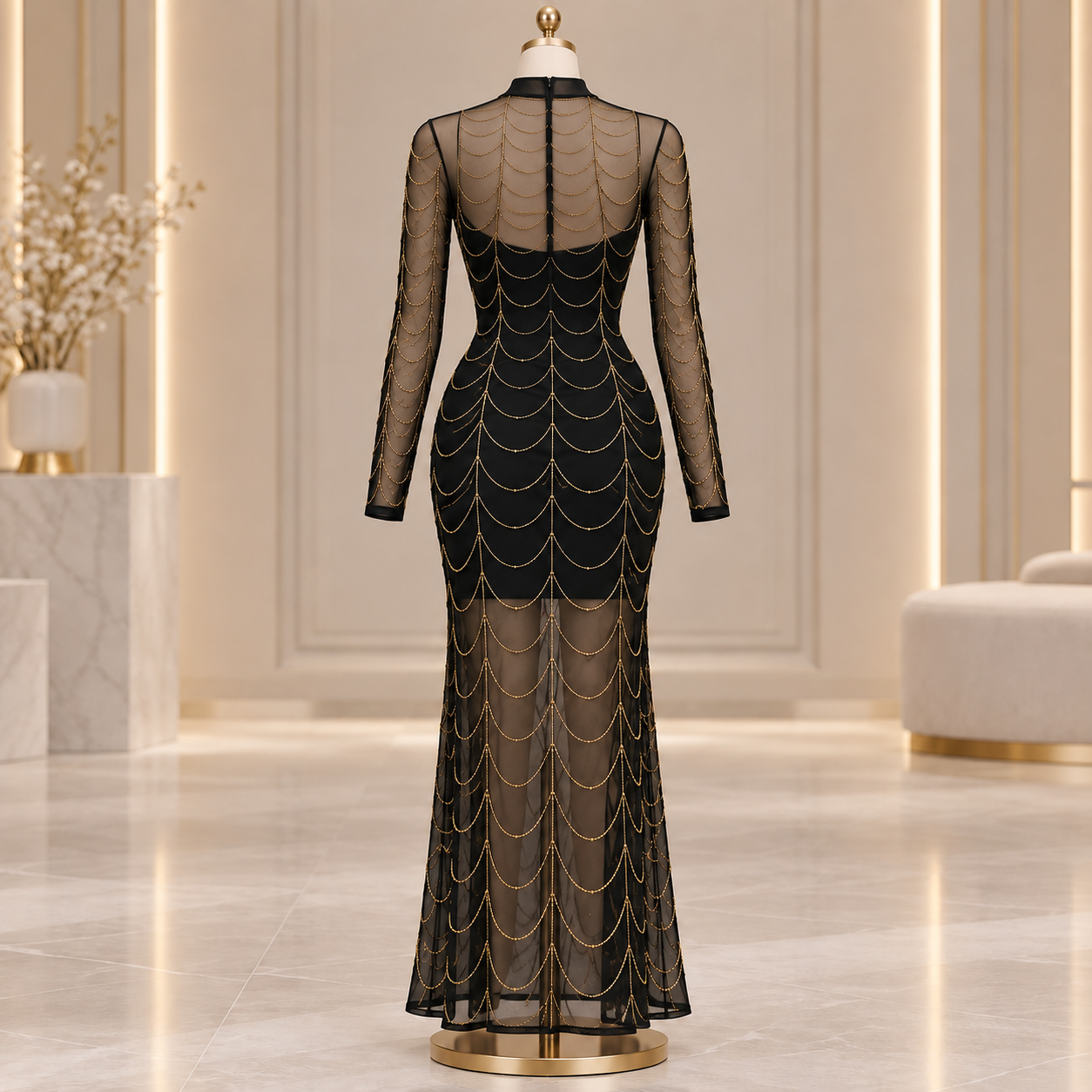 Black Sheer Mesh Maxi Lingerie Dress with Gold Chain Detail