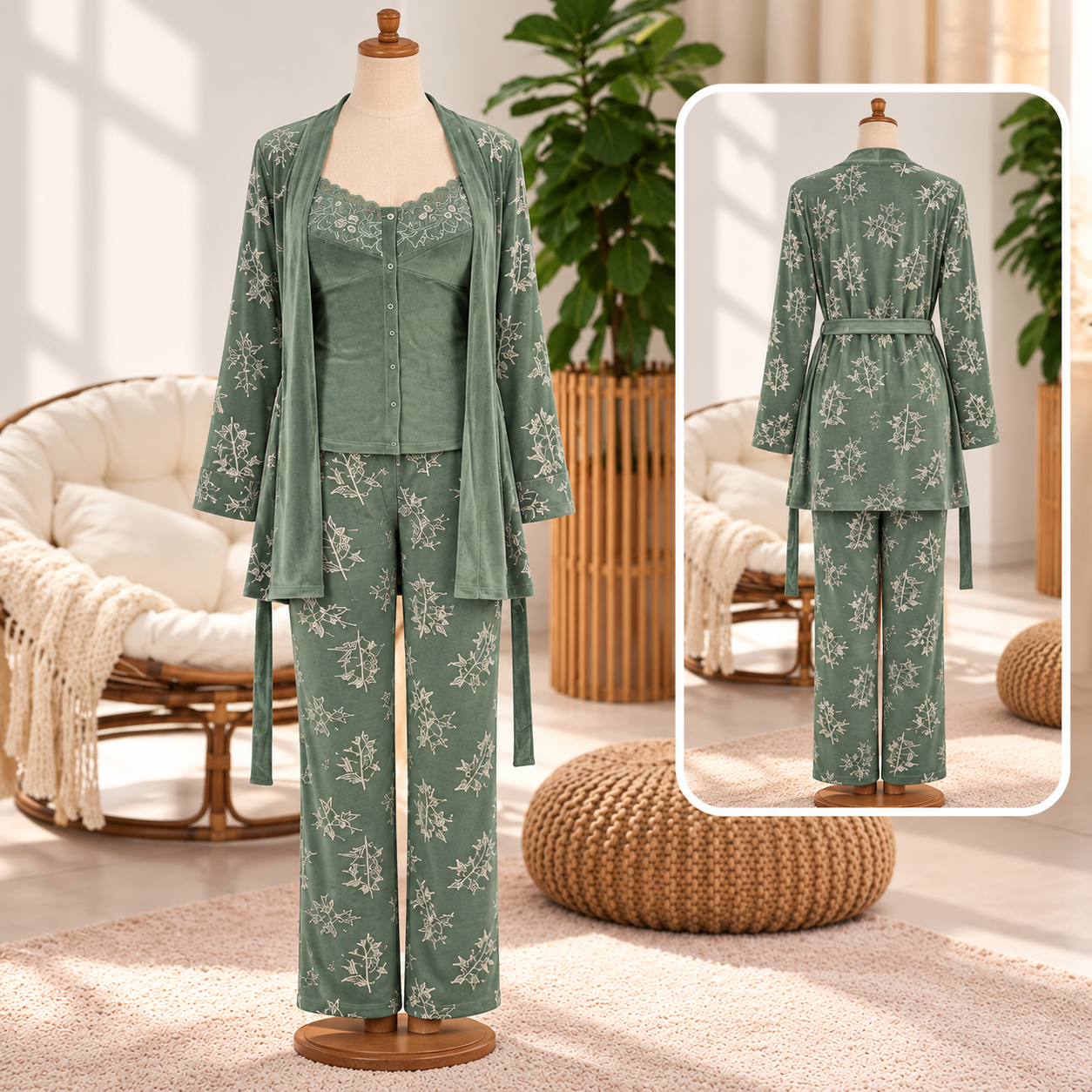Sage Green 3Pcs Floral Pajama Set