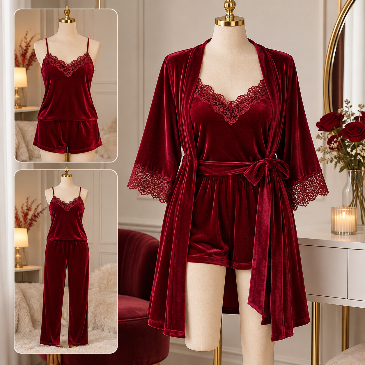 Velvet Lace Pajama Set with Robe Shorts & Pants