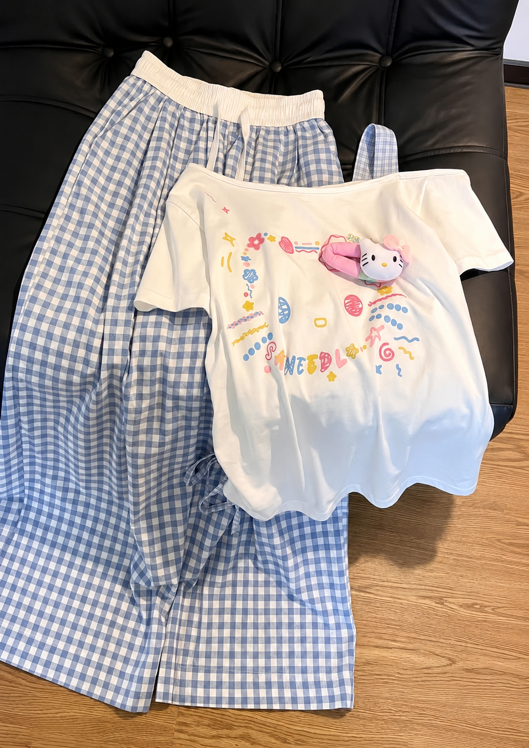 Women's Blue Gingham Pajama Set with White Graphic T-Shirt