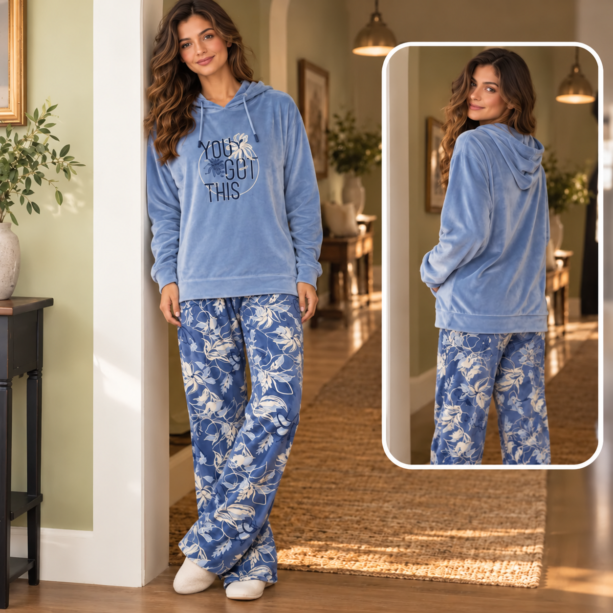 2 Pcs Dusty Blue Hooded Pajama Set with Floral Wide Leg Pants