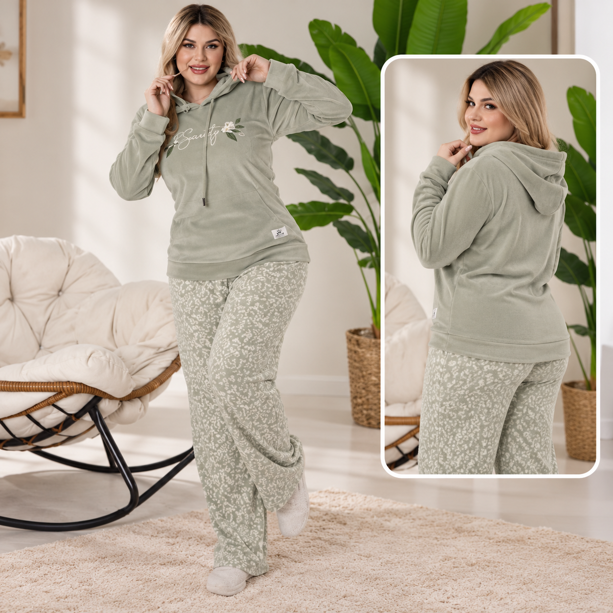 Hooded Pajama Set with Floral Wide Leg Pants 2 Pcs -2xl