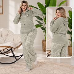 Hooded Pajama Set with Floral Wide Leg Pants 2 Pcs -2xl