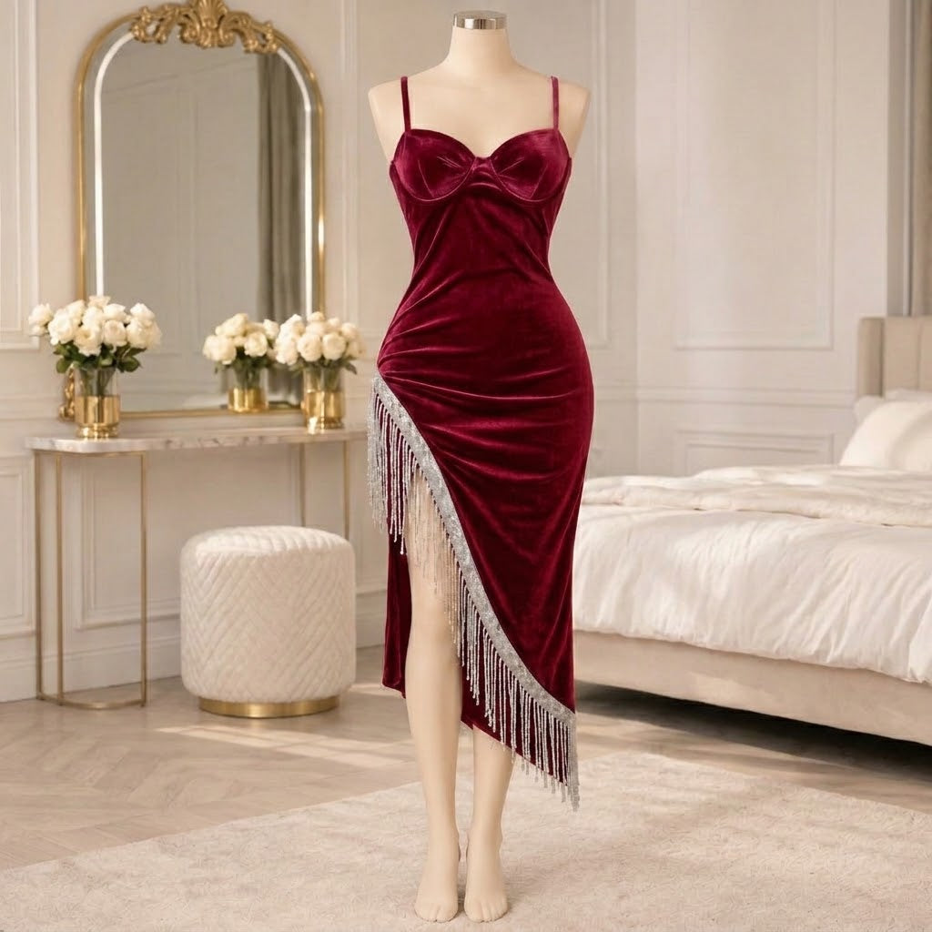 Velvet-Look Nightdress with Silver Fringe & Asymmetric Hem