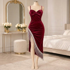 Velvet-Look Nightdress with Silver Fringe & Asymmetric Hem
