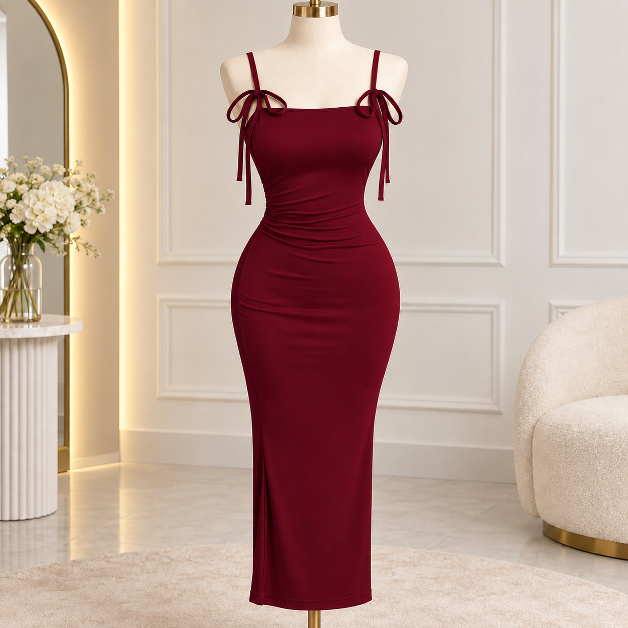 Ruched Bodycon Midi Dress with Bow Tie Straps