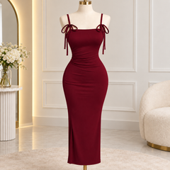 Ruched Bodycon Midi Dress with Bow Tie Straps