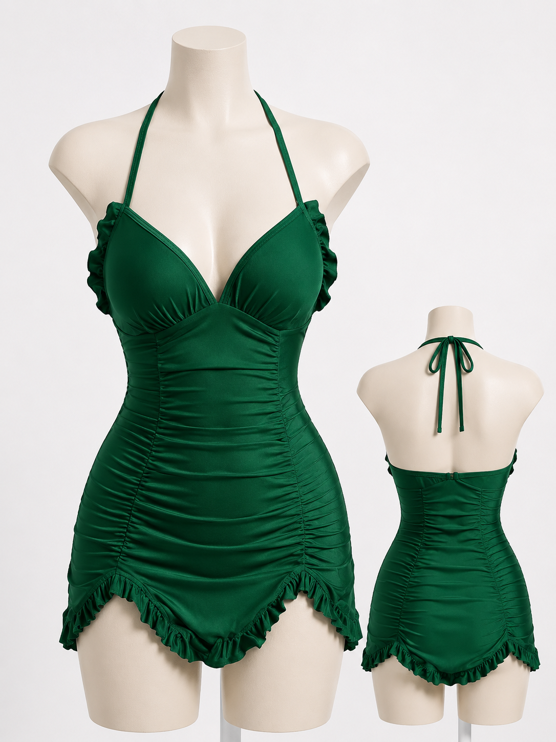 Women's Emerald Ruched Halter Mini Dress with Ruffle Trim