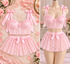 Pink Floral Corset Lingerie Set with Heart Tulle Skirt