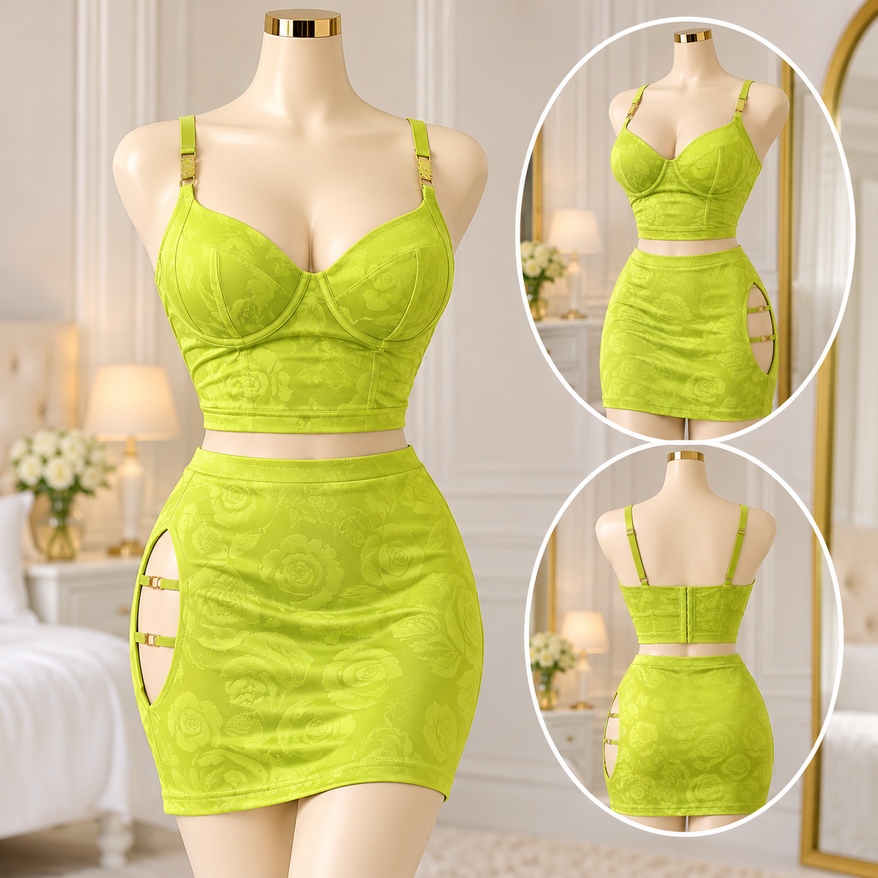 2Pcs Lingerie Set with Bustier Crop Top & Side Cutout Mini Skirt