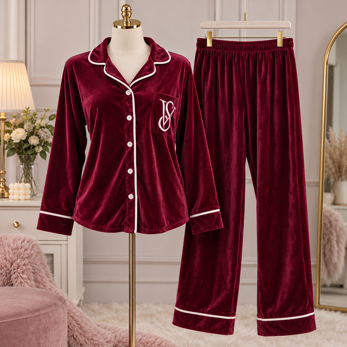 Velvet Pajama Set Button-Up Long Sleeve Sleepwear