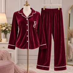 Velvet Pajama Set Button-Up Long Sleeve Sleepwear