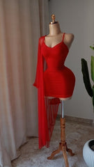 Women's Red Mesh Bodycon Mini Dress with Long Sheer Robe