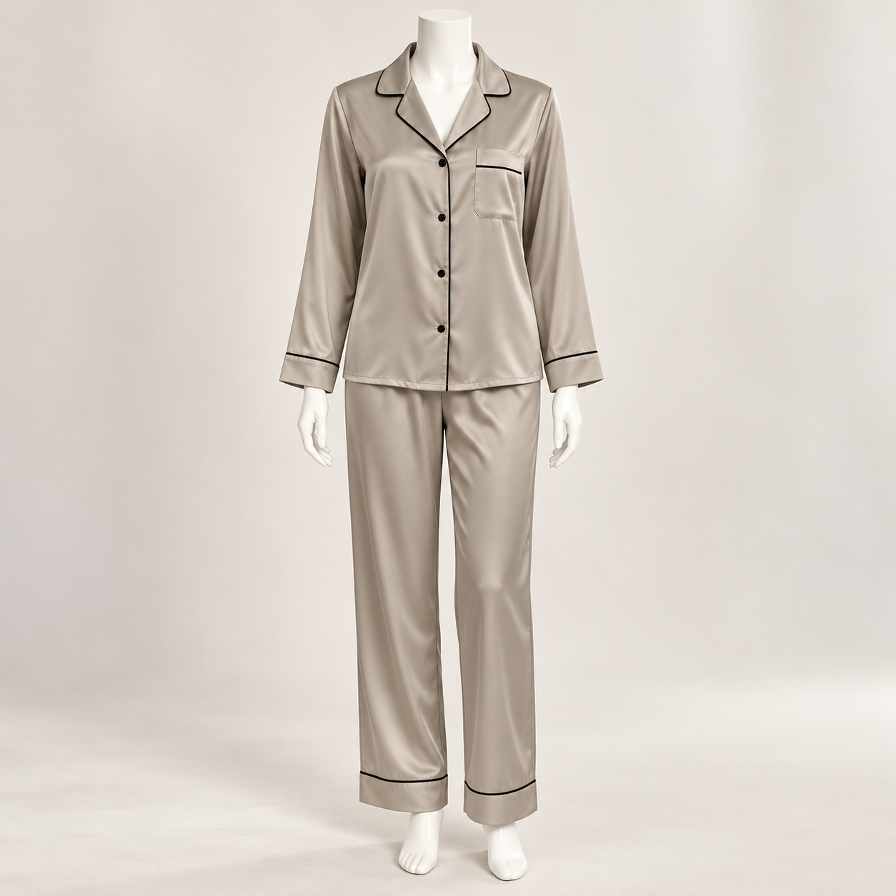 Satin Button-Up Pajama Set with Long Pants 2Pcs