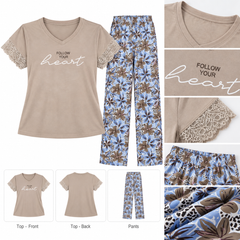 Beige Lace Sleeve Floral Pajama Set