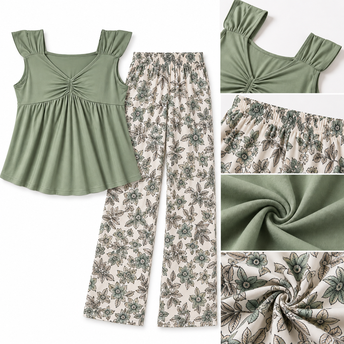 Sage Green Floral Pajama Set with Sleeveless Ruched Top & Printed Pants