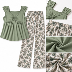 Sage Green Floral Pajama Set with Sleeveless Ruched Top & Printed Pants