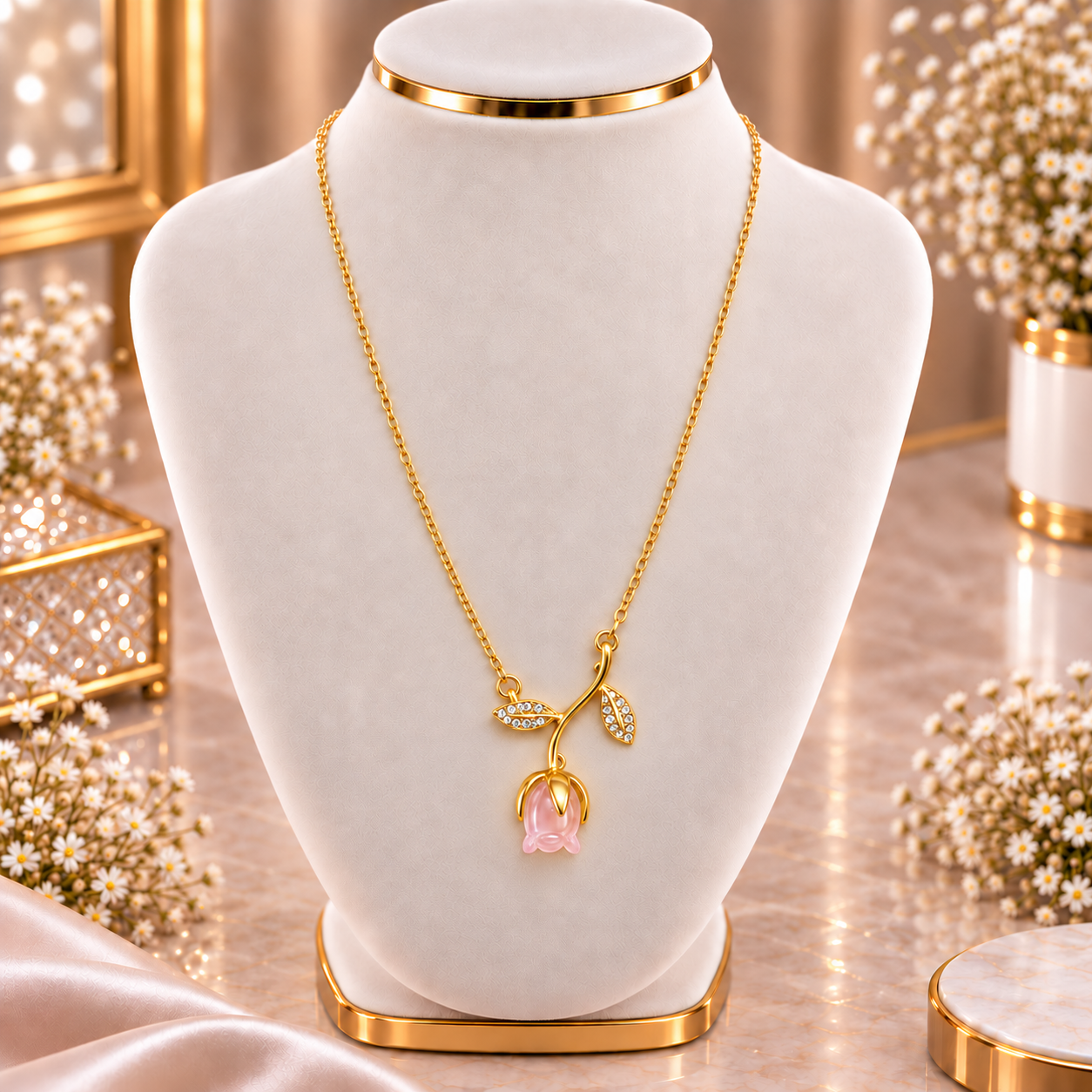 Gold Stainless Steel Floral Pearl Pendant Necklace