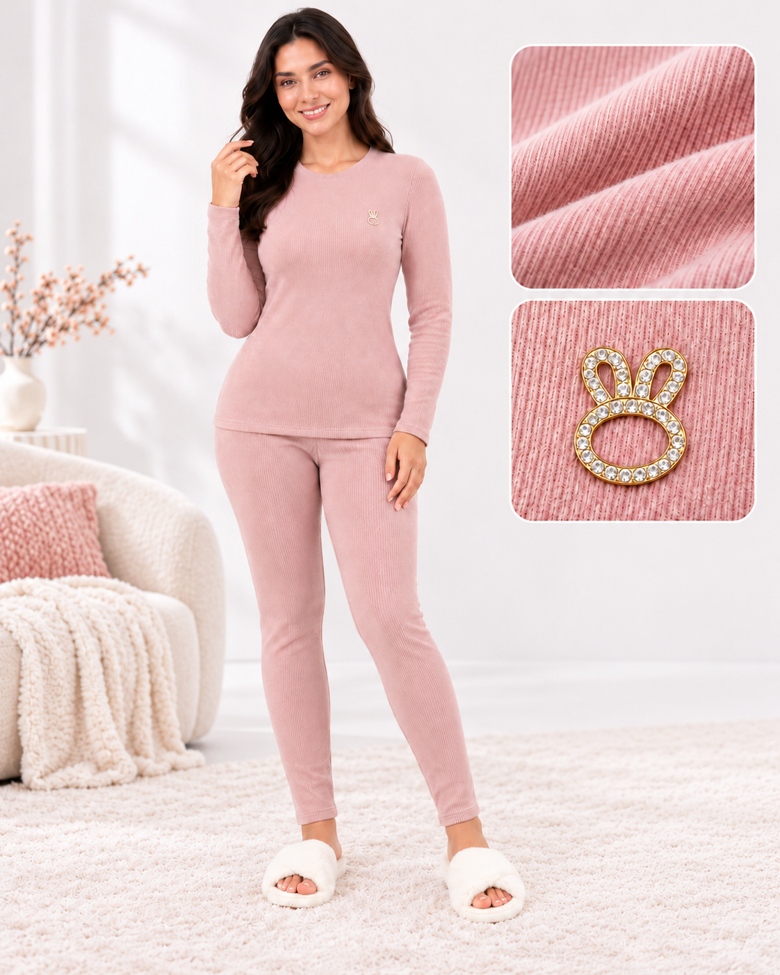 Dusty Pink Ribbed Pajama Set 2 Pcs