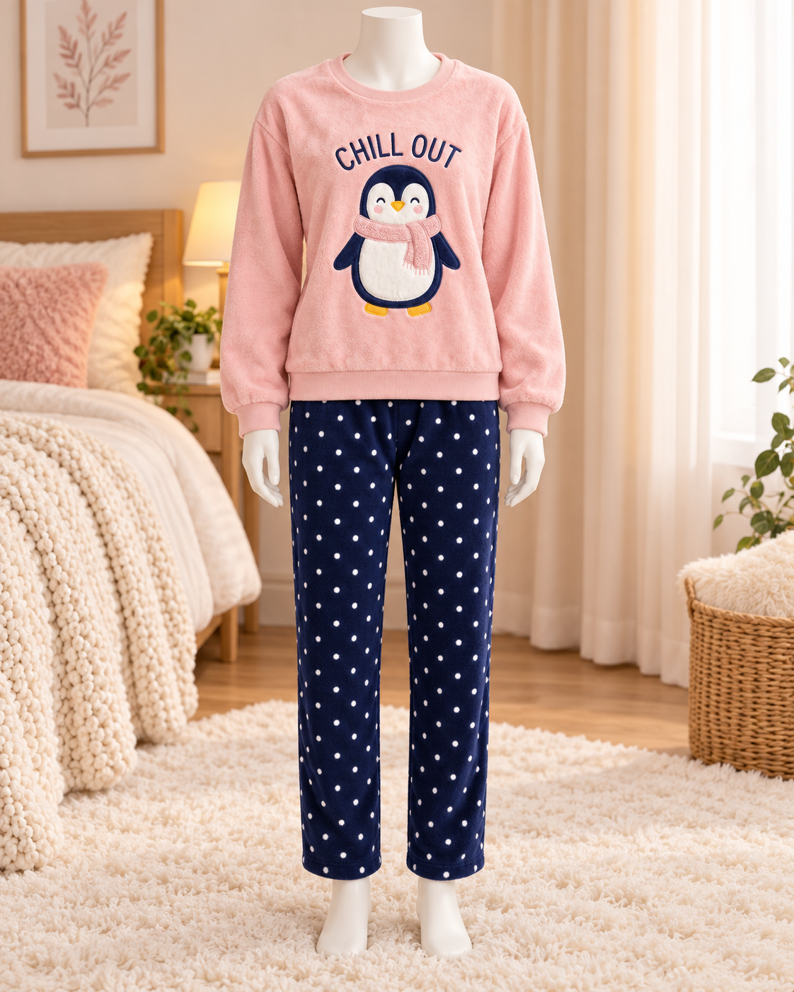 Pink Penguin Fleece Pajama Set with Navy Polka Dot Pants