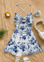 Blue Floral Ruched Mini Dress