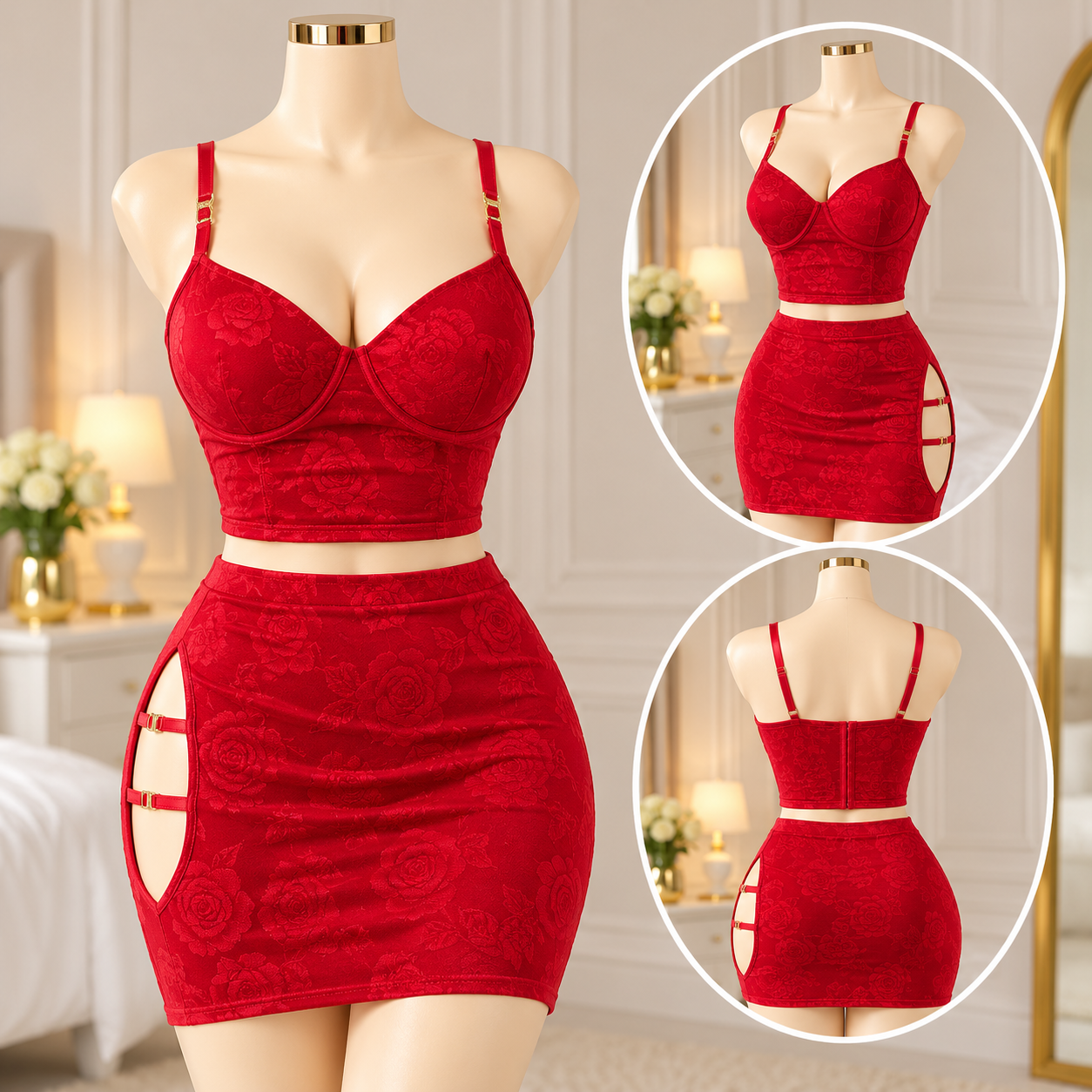 2Pcs Lingerie Set with Bustier Crop Top & Side Cutout Mini Skirt