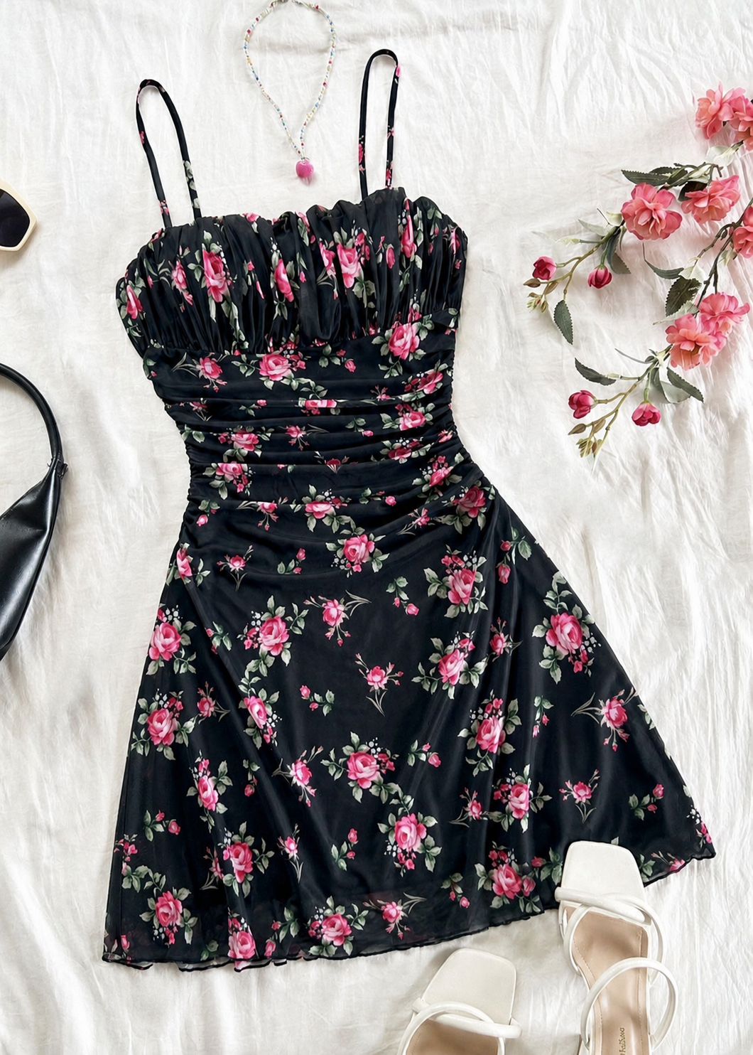Black Floral Ruched Mini Dress