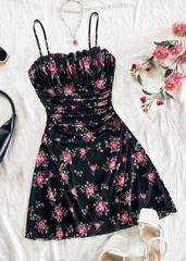 Black Floral Ruched Mini Dress
