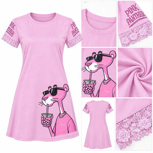 Pink Panther Print T-Shirt Dress with Lace Sleeves