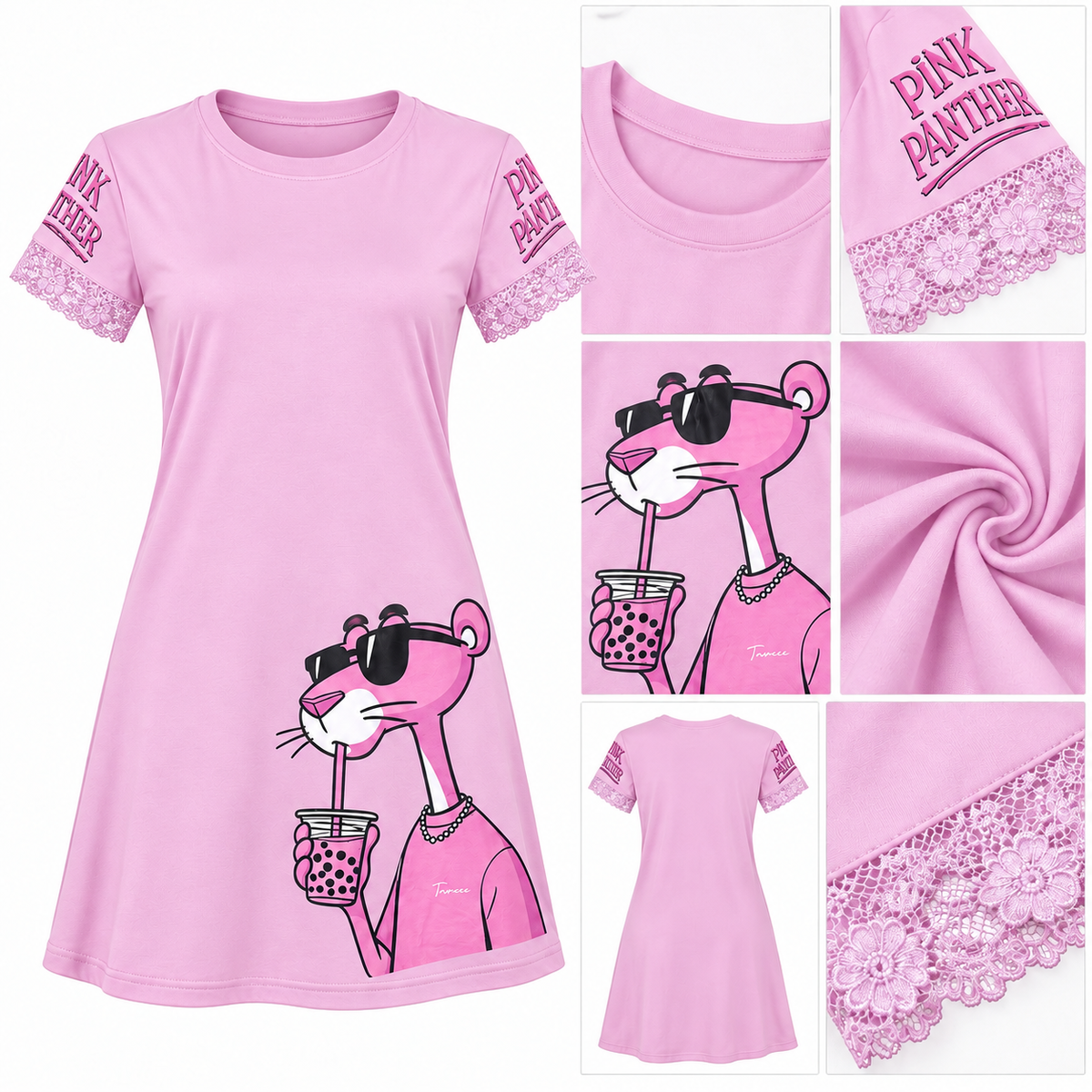 Pink Panther Print T-Shirt Dress with Lace Sleeves