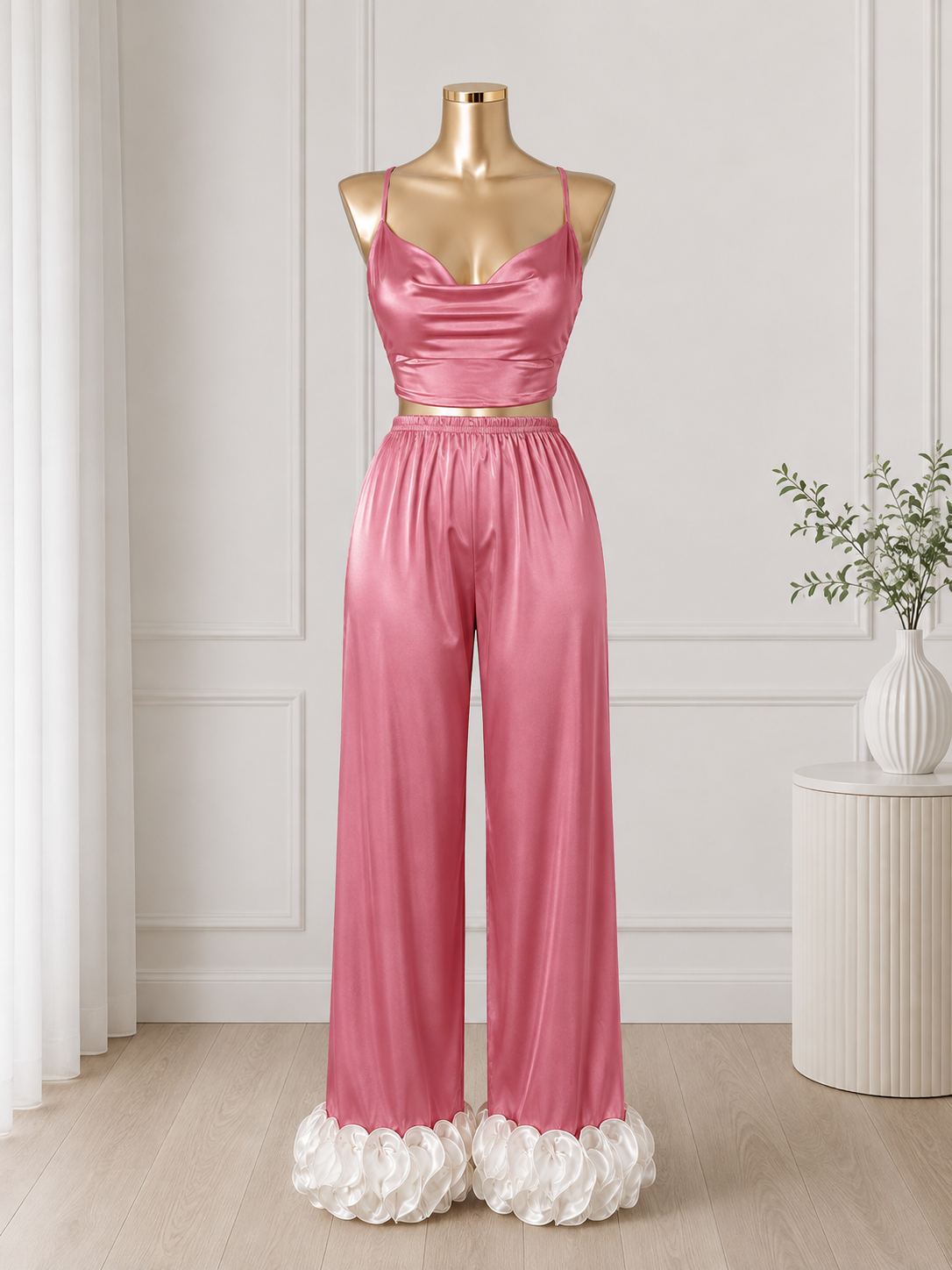 Women's Satin Pajama Set with Ruffle Hem