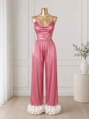 Women's Satin Pajama Set with Ruffle Hem