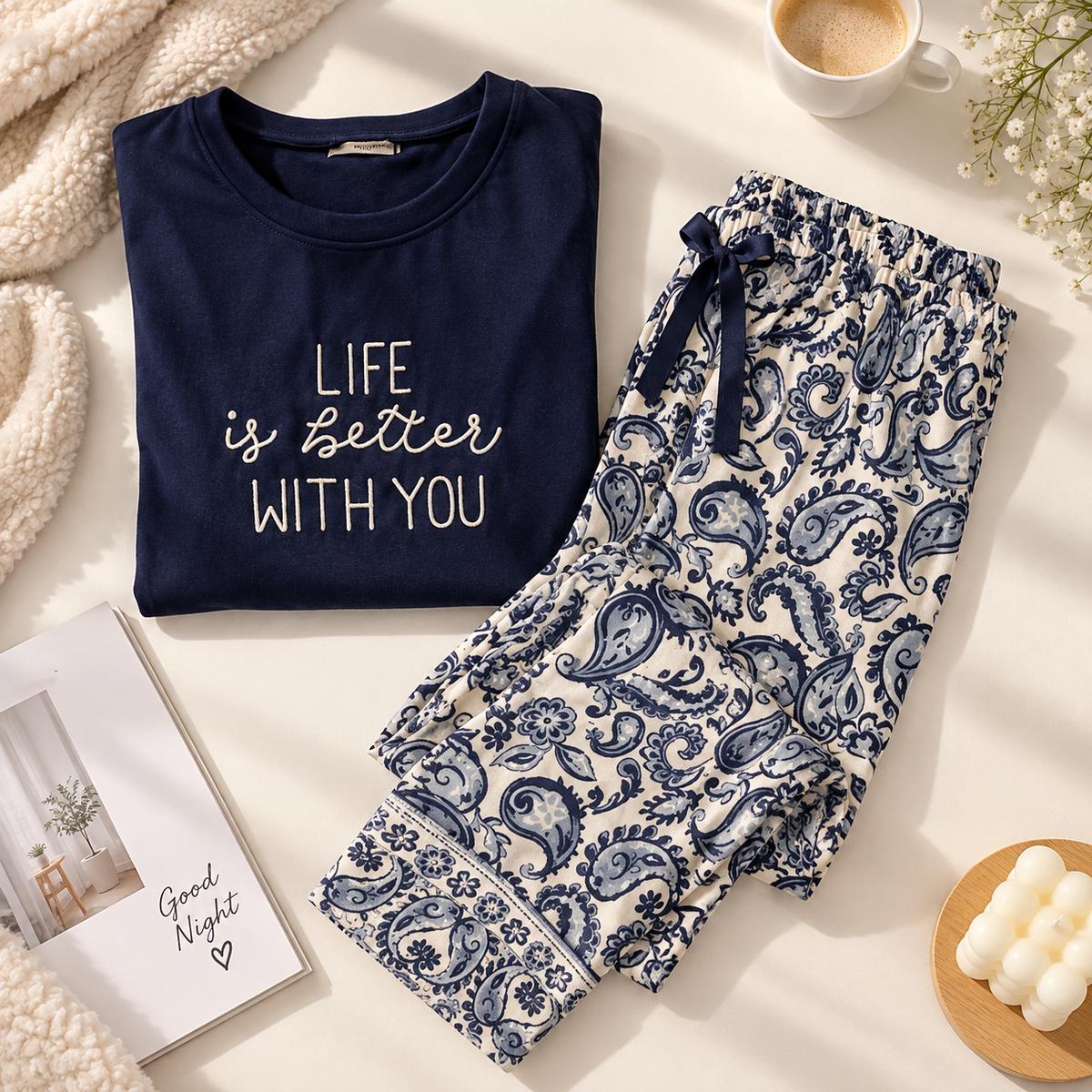 Navy Blue Paisley Pajama Set 2 Pcs