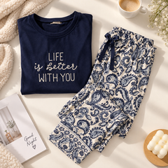 Navy Blue Paisley Pajama Set 2 Pcs