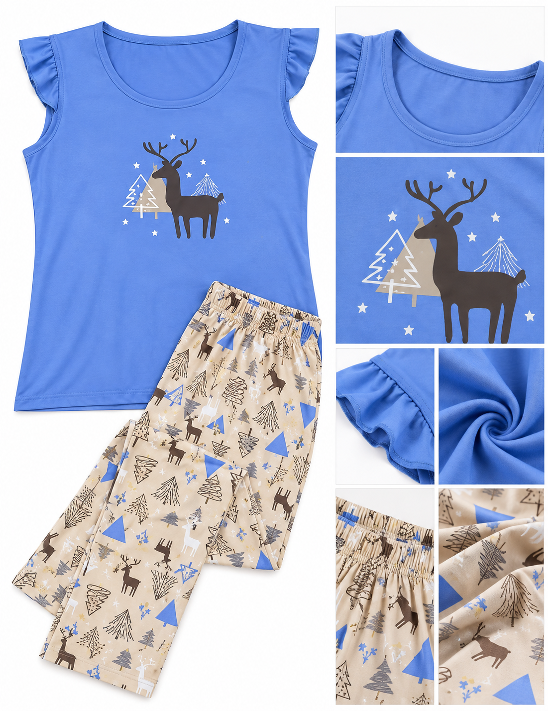Blue Deer Print Pajama Set