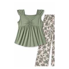 Sage Green Floral Pajama Set with Sleeveless Ruched Top & Printed Pants