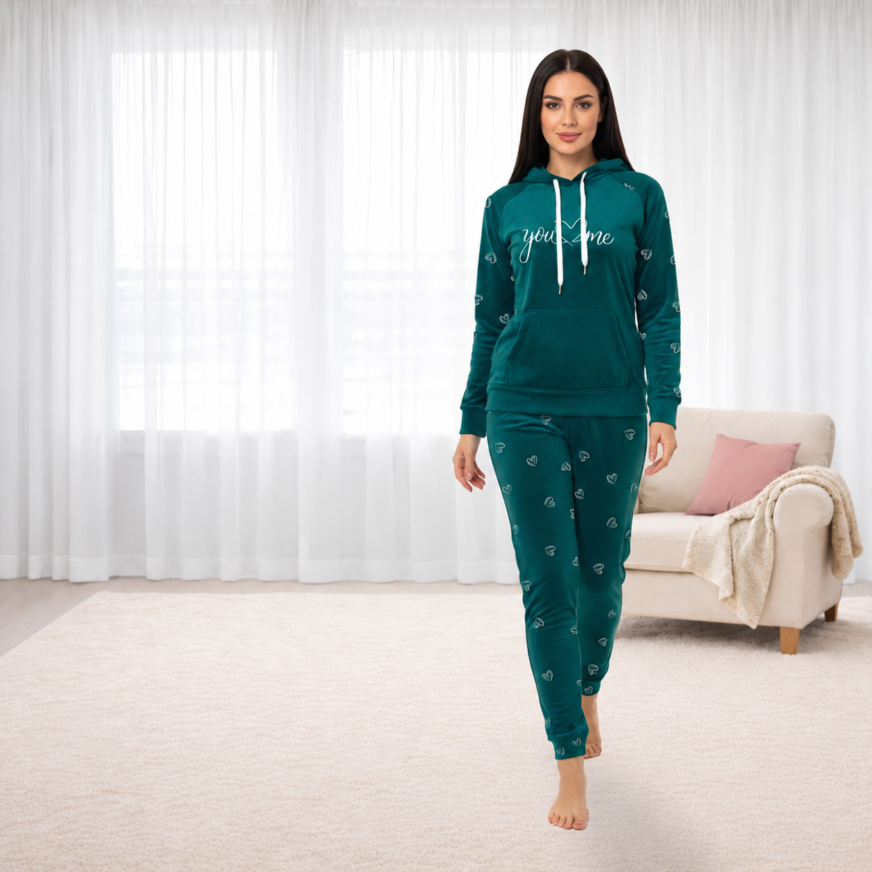 Teal Green Hooded Pajama Set with Heart Print Pants 2Pcs