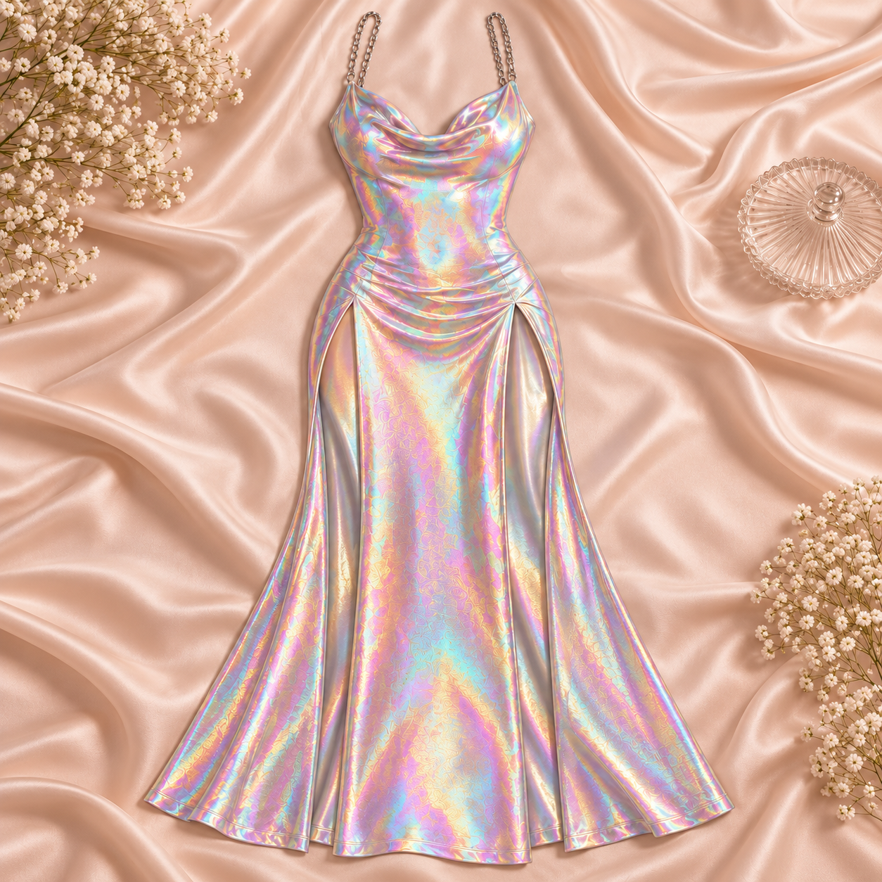 Iridescent Metallic Chain Strap Maxi Dress with High Side Slit