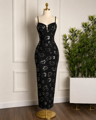 Women's Black Sequin Print Bodycon Maxi Dress