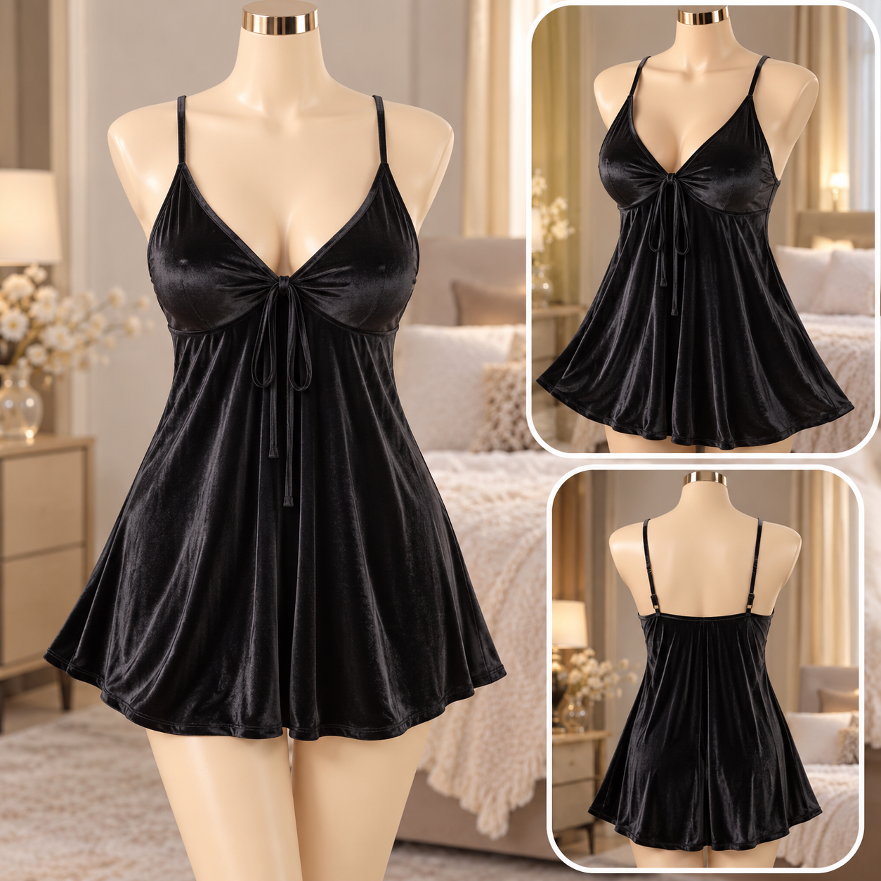 Short Babydoll Nightdress with Spaghetti Straps & Front Bow